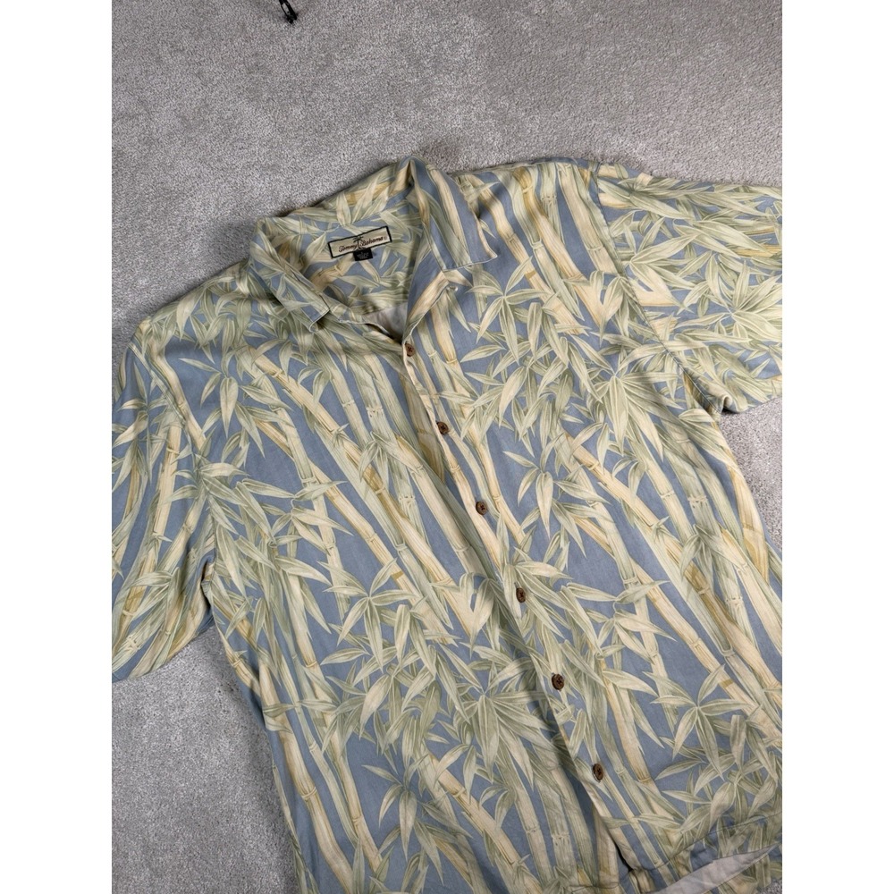 Tommy Bahama Men L Silk Bamboo All Over Print Short Sleeve Camp Shirt Blue Green